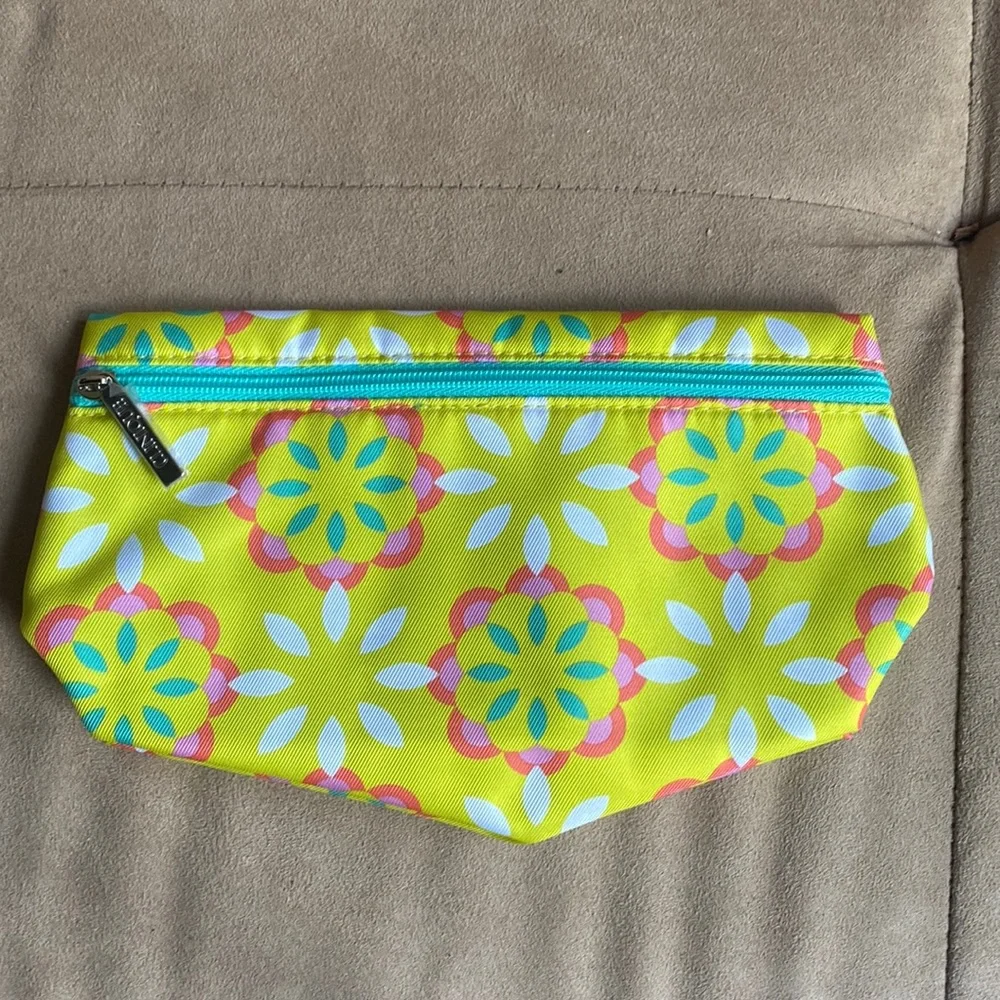 Clinique Lime Green & Teal Flower Cosmetic Makeup Travel Bag NWOT